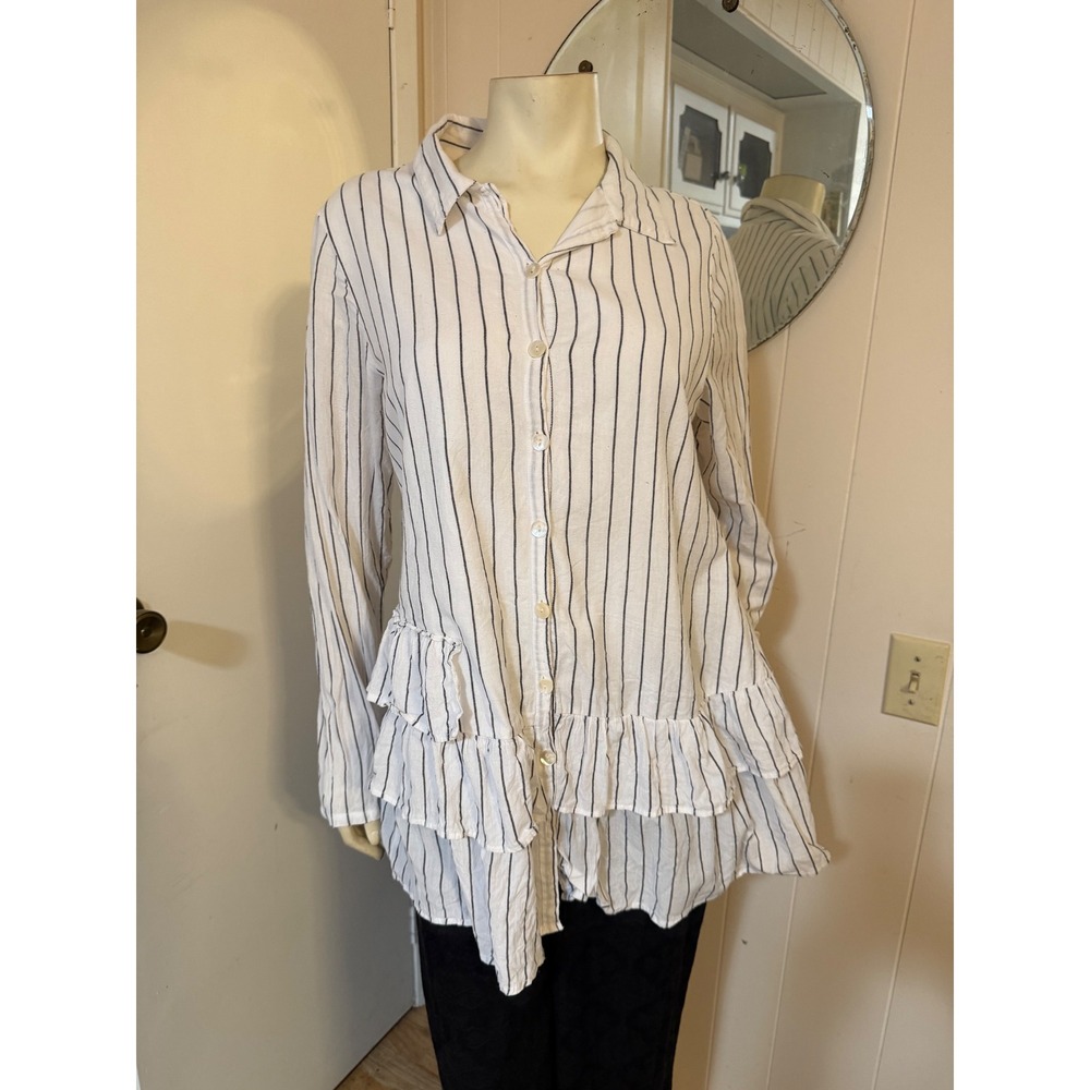 Tulip White Striped Ruffle Hem peplum Button Down Tunic Shirt Cotton Size M